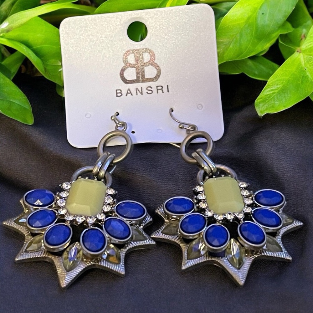 Bansri Blue and Yellow Stones & Crystal Earrings gold tone. NWT